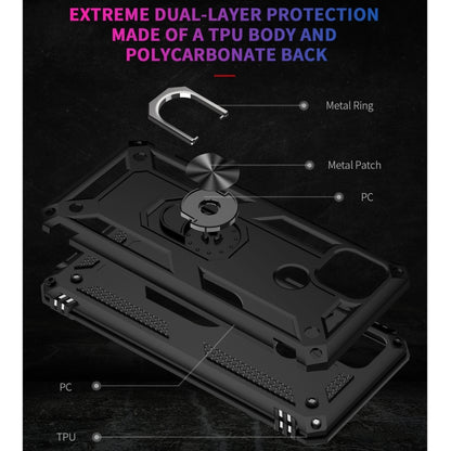 Black dual-layer protective phone case with metal-look ring stand for secure grip