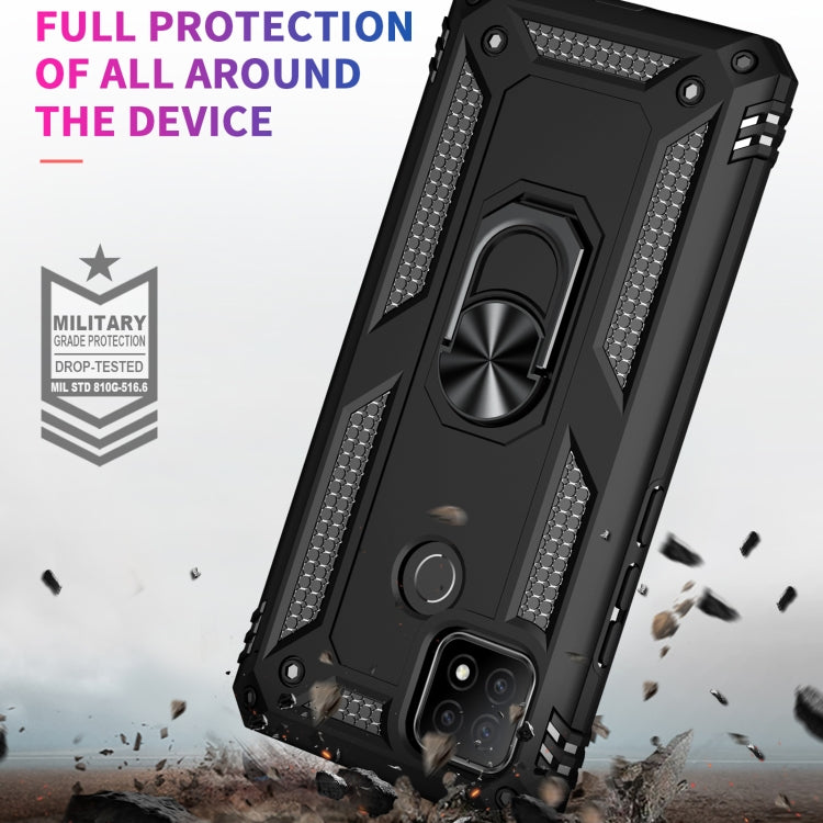 Black shockproof phone case with full coverage armor, ring stand, and textured edges