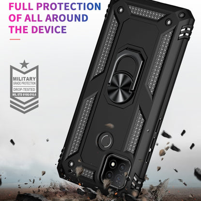Black shockproof phone case with full coverage armor, ring stand, and textured edges