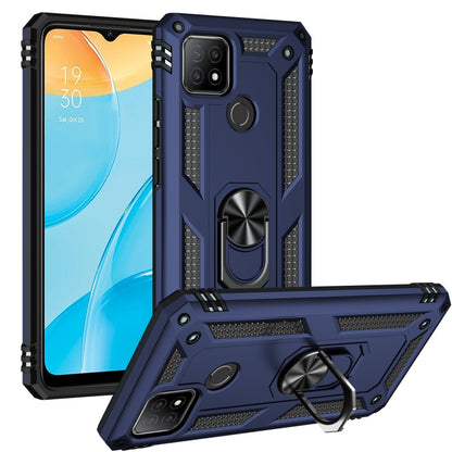 Rugged blue protective phone case with 360° rotating stand and textured side grips