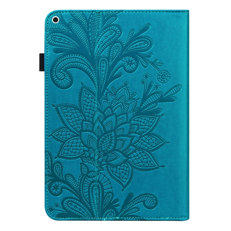 Turquoise folio case with embossed floral pattern, back view with camera cutout