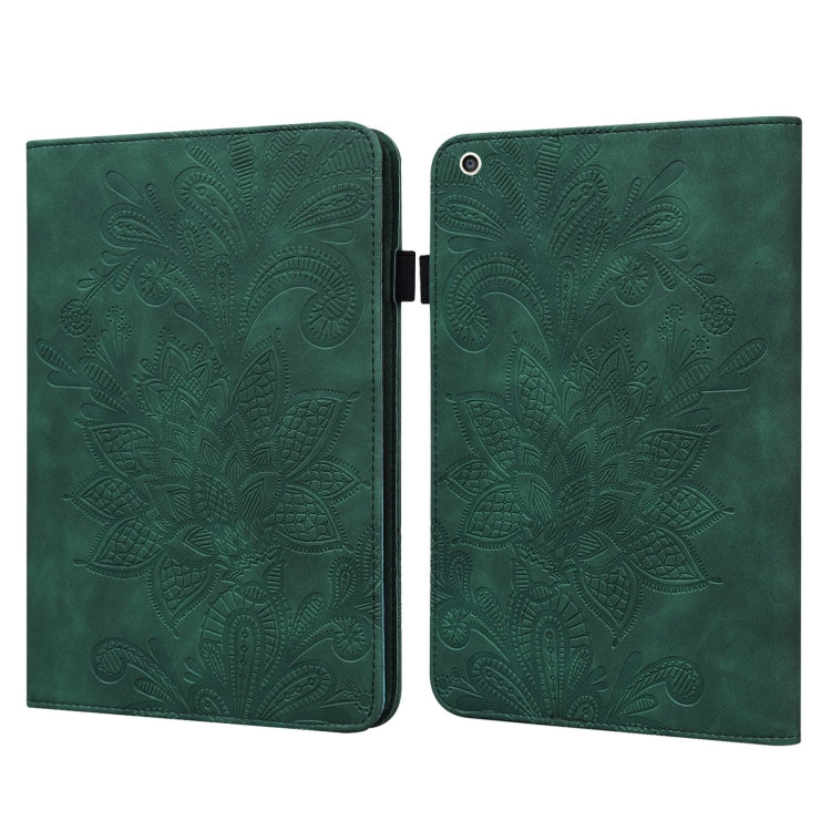 Green leather tablet folio case with lace flower embossed pattern and rear camera opening