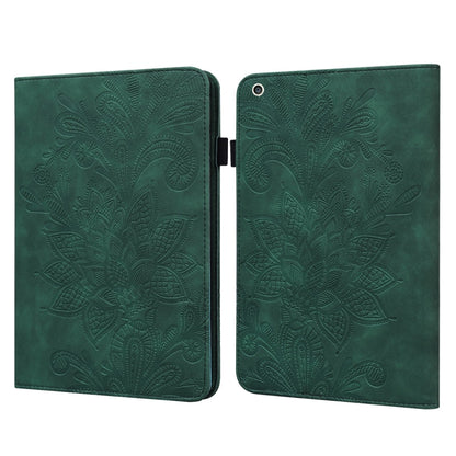 Green leather tablet folio case with lace flower embossed pattern and rear camera opening