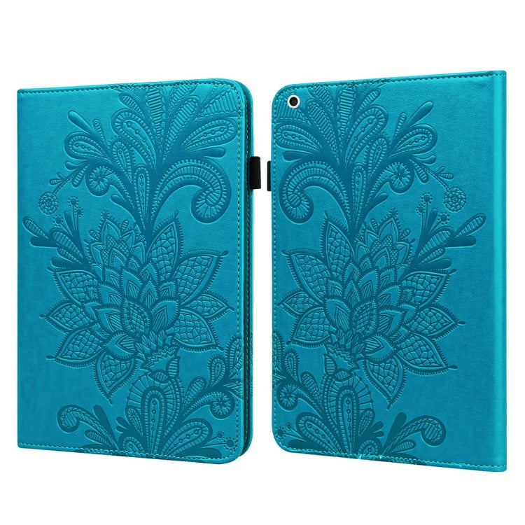 Turquoise folio case with embossed floral pattern, open front and back panels