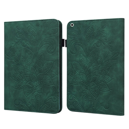 Green leather tablet case with lace flower embossing, hinged cover and back camera cutout