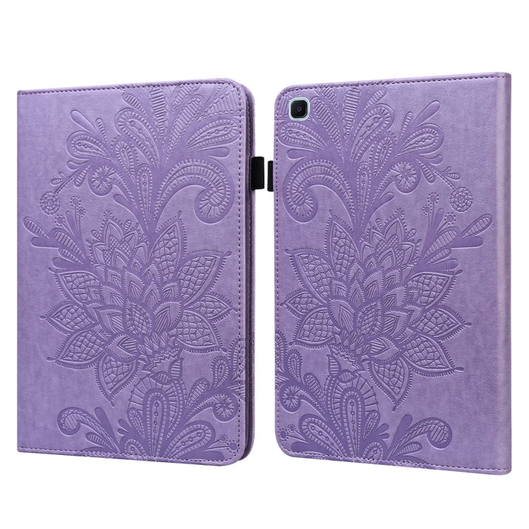 Purple folio leather case with embossed lace floral pattern and flip cover, camera cutout