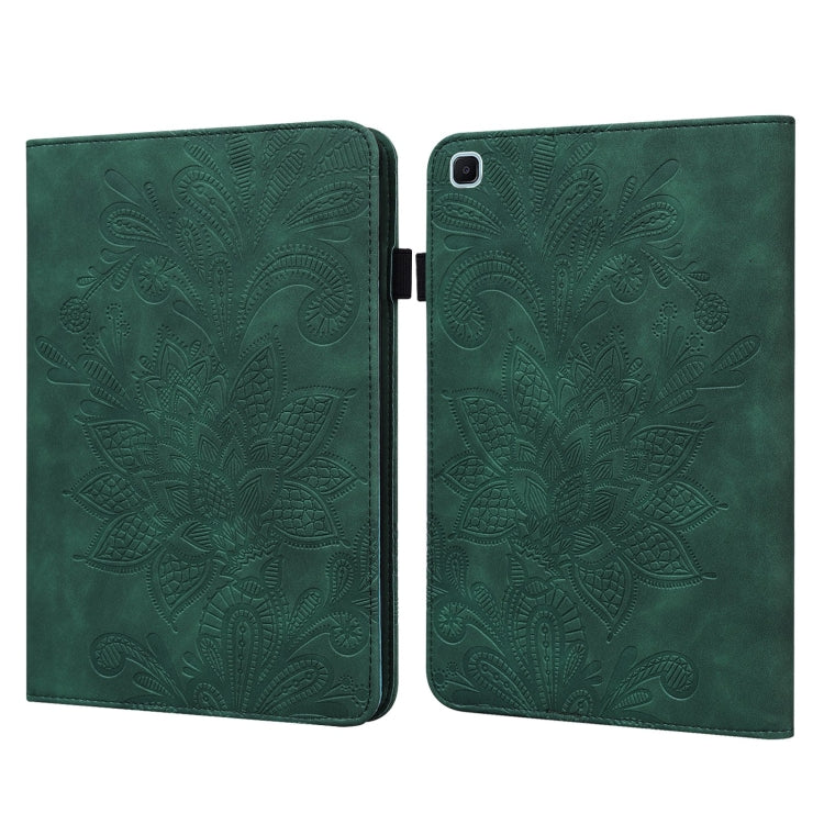 Green leather folio case with lace flower embossing and rear camera cutout, open view
