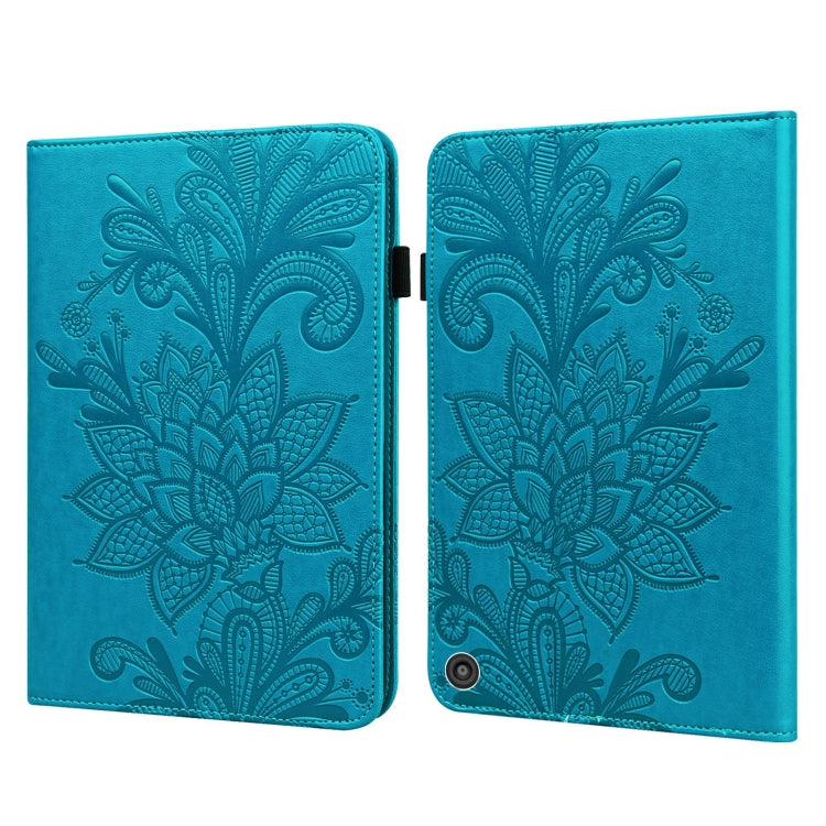 Blue folio leather case with embossed lace floral pattern and flip cover, side clasp