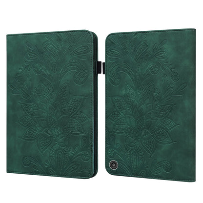 Green leather tablet case with lace flower embossed design, front flap and camera cutout