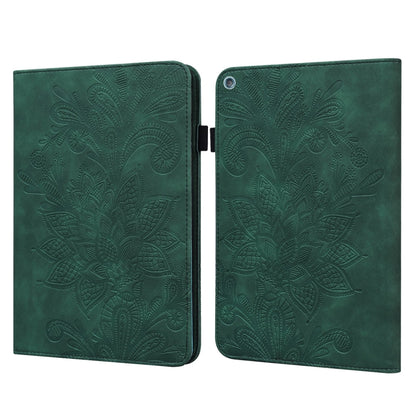 Green leather tablet folio case with lace flower embossing and rear camera opening, hinged
