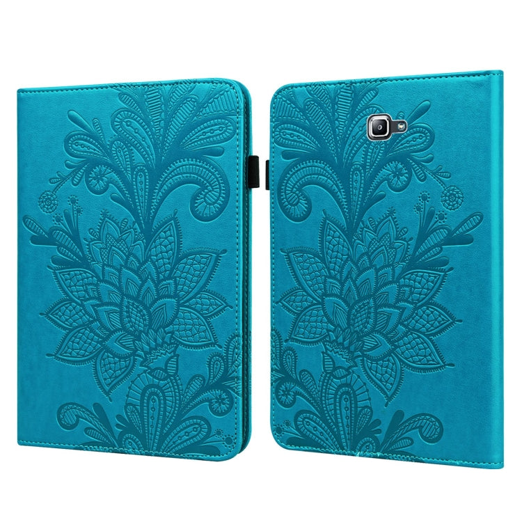 Blue embossed floral flip leather case with card slots, open view