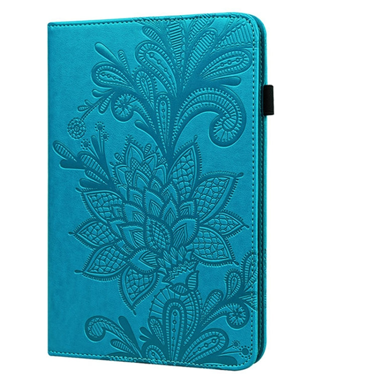 Blue embossed floral leather folio case with flip cover, front view