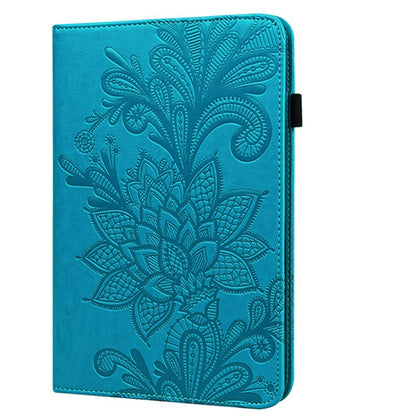 Blue embossed floral leather folio case with flip cover, front view