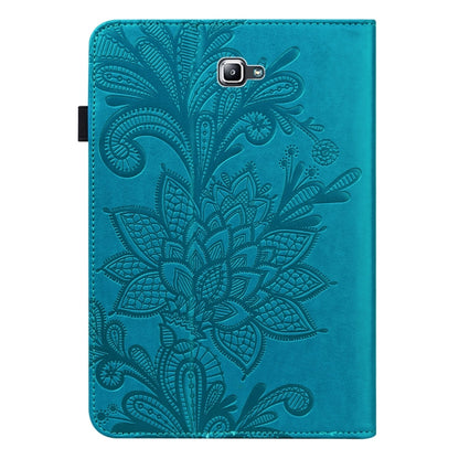 Blue embossed floral leather case with camera cutout, upright front view