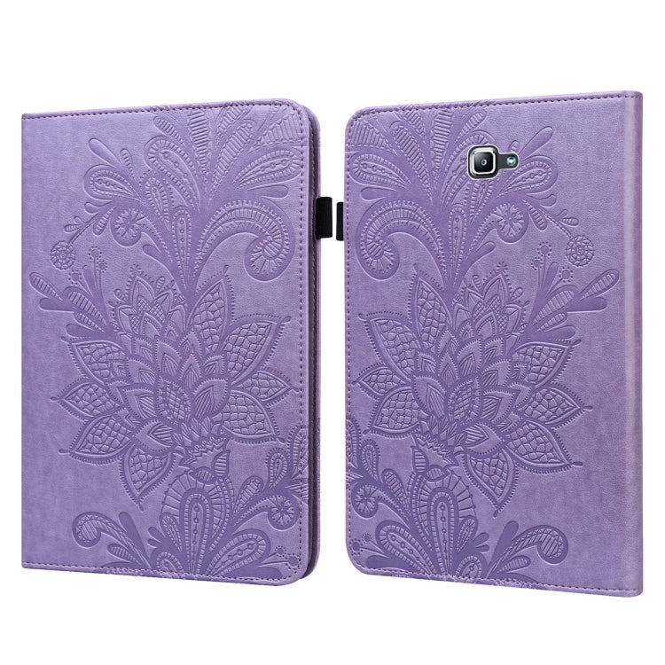 Purple leather flip case with embossed floral pattern, double-cover design and camera cutout