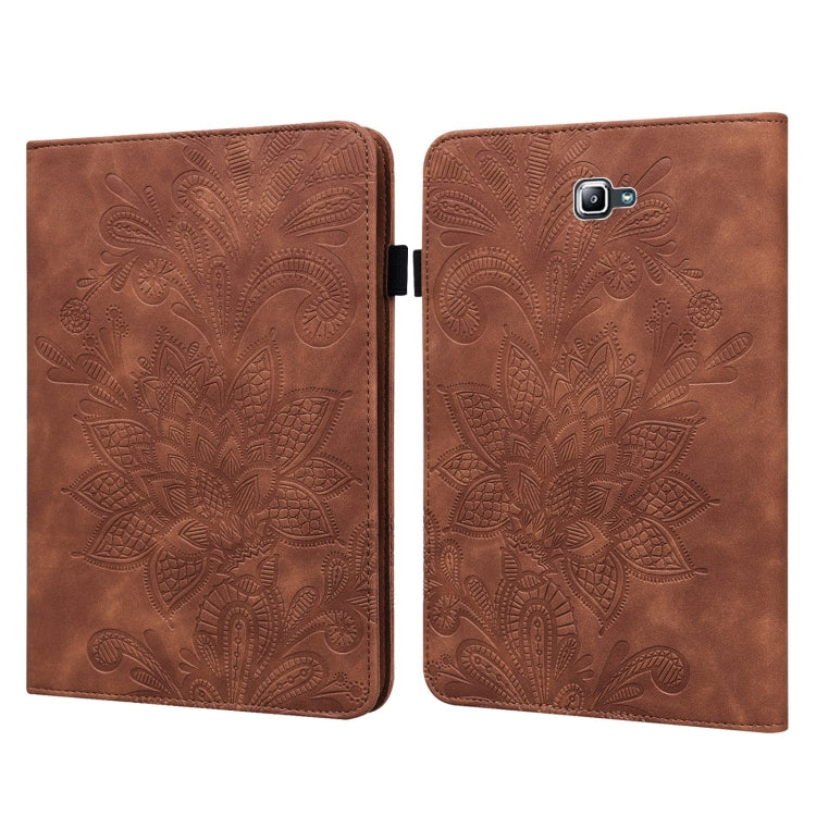 Brown leather tablet case with embossed floral pattern, flip cover and camera cutout