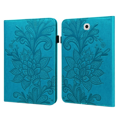 Blue embossed floral flip leather case with card slots, closed and open sides