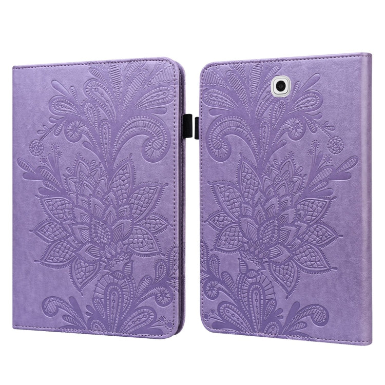 Purple leather flip case with embossed floral pattern, open view with side hinge and camera cutout