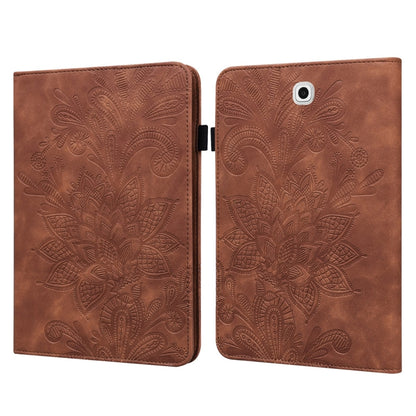 Brown leather folio tablet case with embossed floral embossing, open view and camera opening