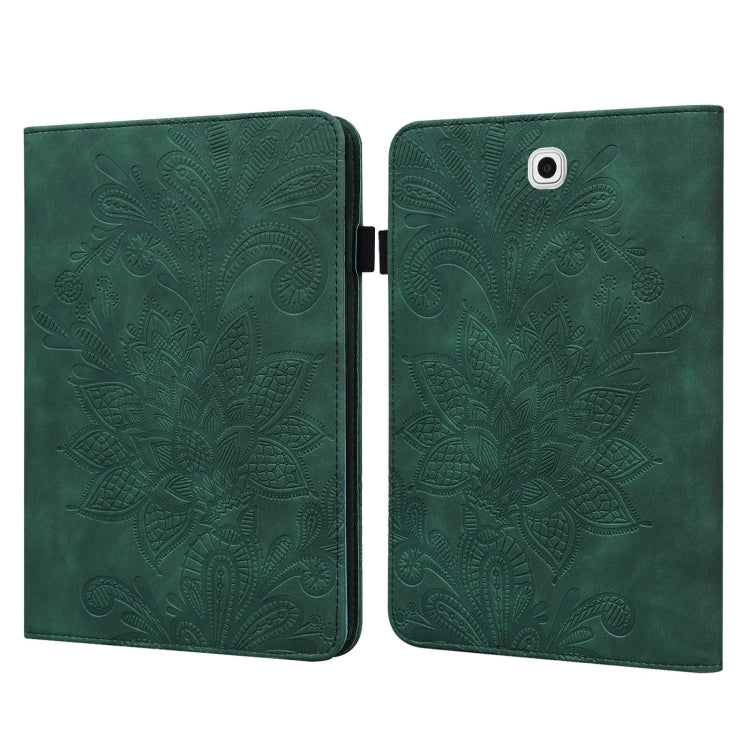 Green folio leather tablet case with embossed floral design, open cover and camera cutout