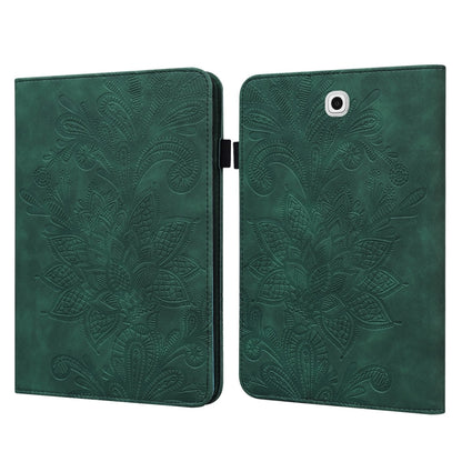 Green folio leather tablet case with embossed floral design, open cover and camera cutout