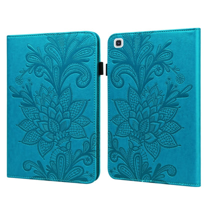 Blue embossed floral leather case with flip cover and camera cutout, front view
