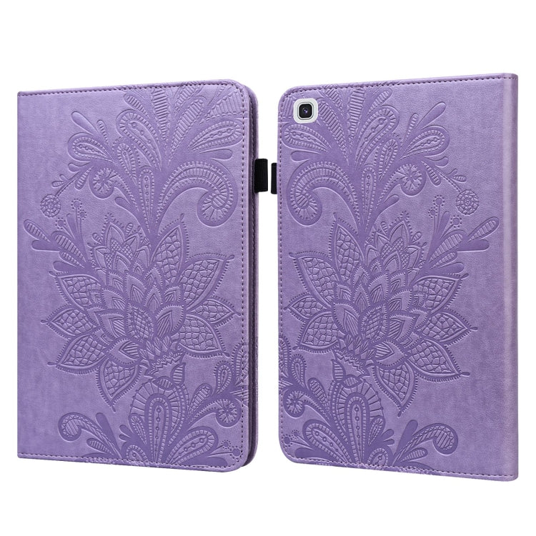 Purple leather flip case with embossed floral pattern and camera cutout on back panel