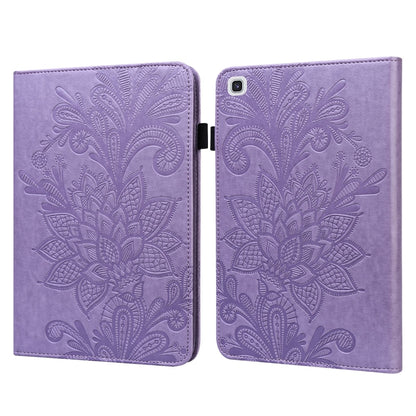 Purple leather flip case with embossed floral pattern and camera cutout on back panel