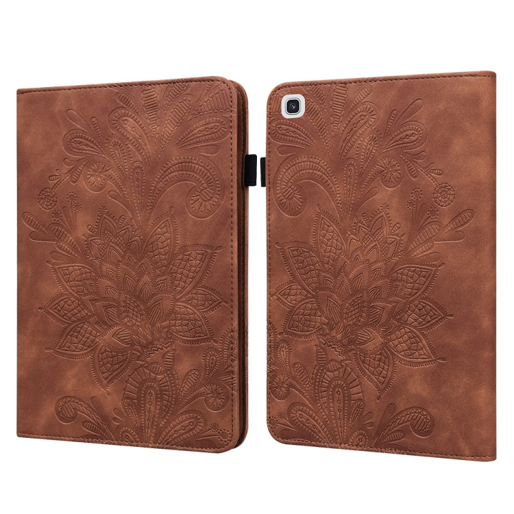 Brown leather-style tablet folio case with embossed floral pattern and flip cover