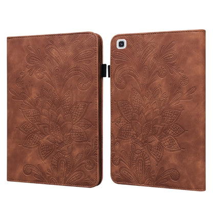 Brown leather-style tablet folio case with embossed floral pattern and flip cover