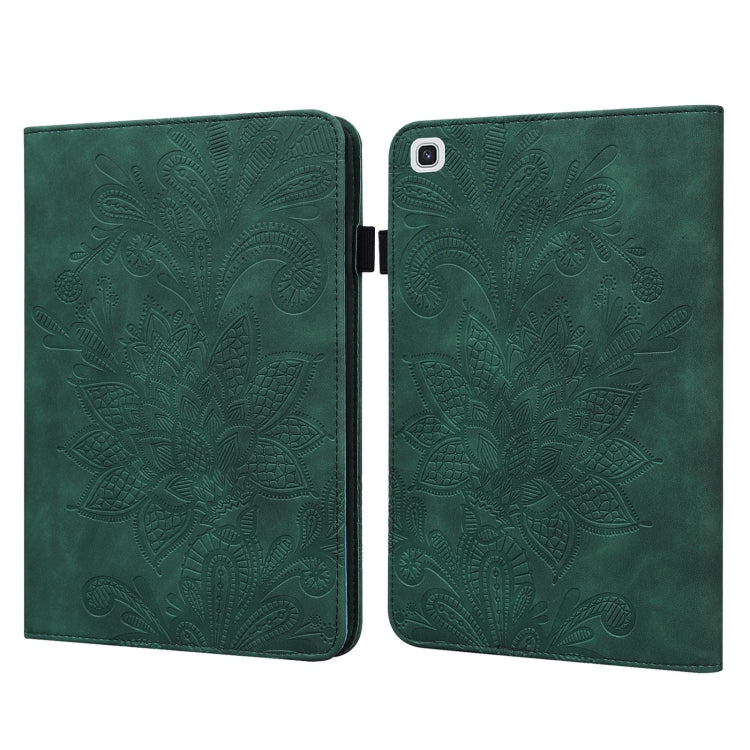 Green embossed leather tablet case with floral relief, hinged foldover cover