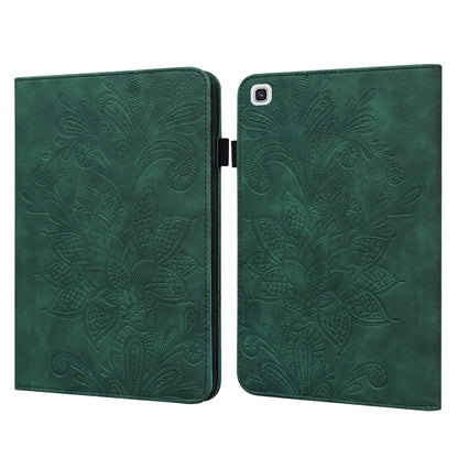 Green embossed leather tablet case with floral relief, hinged foldover cover