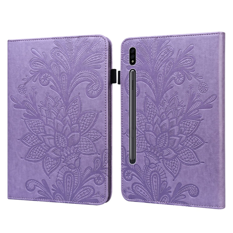 Purple leather flip case with embossed floral pattern and camera cutout, slim side opening