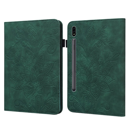 Green embossed leather tablet case with floral pattern, visible vertical camera slot