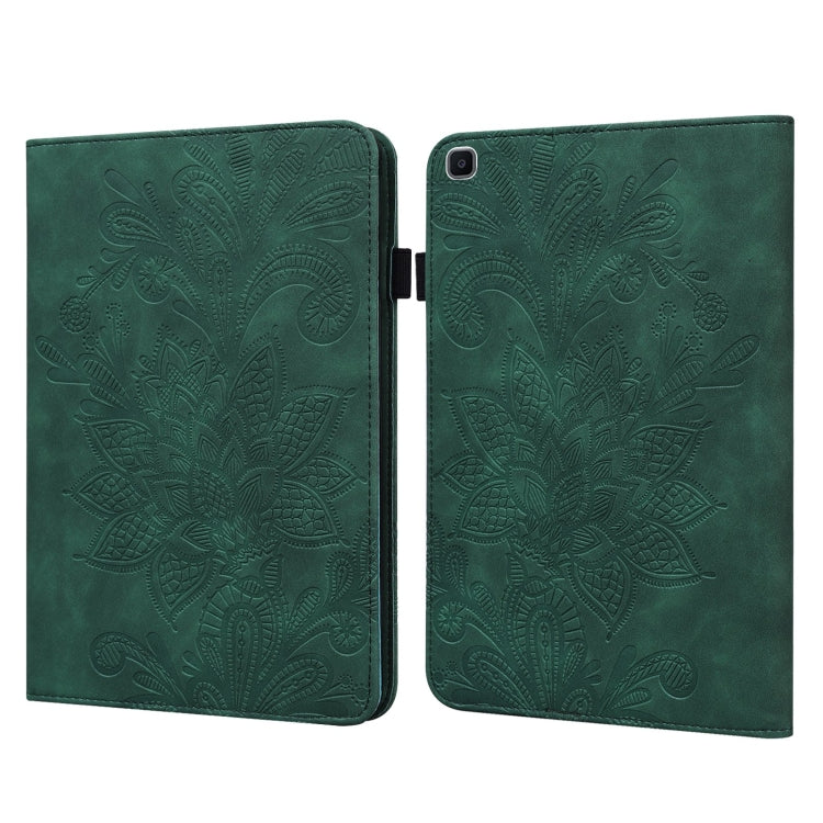 Green embossed leather folio tablet case with floral design and camera cutout on back