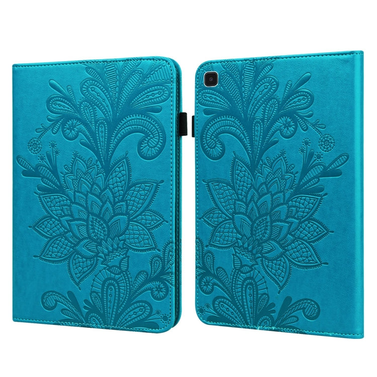 Blue leather folio case with embossed lace flower design, front cover and camera cutout