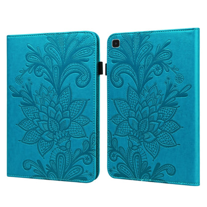 Blue leather folio case with embossed lace flower design, front cover and camera cutout