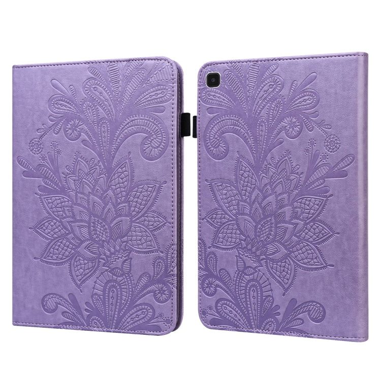 Purple leather flip case with embossed floral pattern, hinged cover with camera cutout