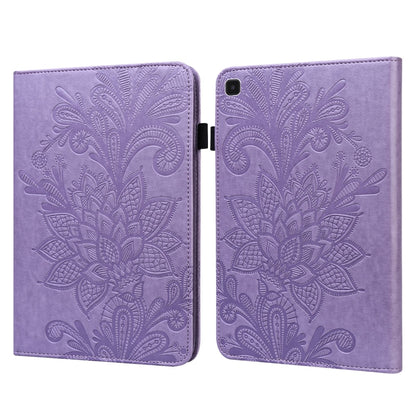 Purple leather flip case with embossed floral pattern, hinged cover with camera cutout