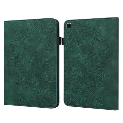 Green embossed floral folio leather tablet case, open with back cover and camera cutout