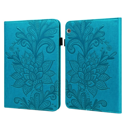 Blue leather tablet case featuring embossed lace flower pattern, flip cover with camera hole