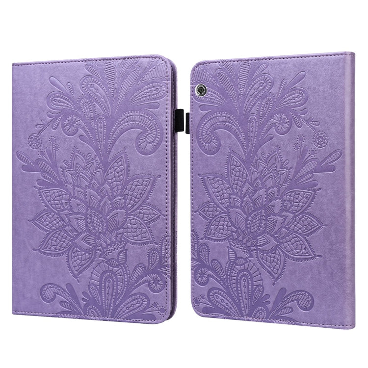 Purple leather flip case with embossed floral pattern and camera cutout on back cover