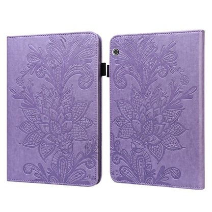 Purple leather flip case with embossed floral pattern and camera cutout on back cover