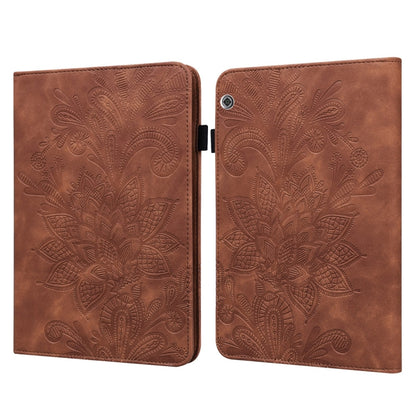 Brown leather-style tablet folio case with embossed floral pattern and front camera opening