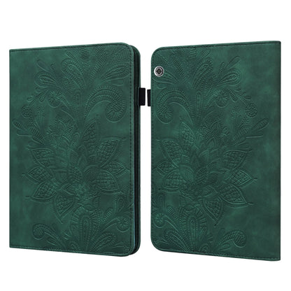 Green embossed floral folio leather tablet case, open view with visible hinge and camera cutout