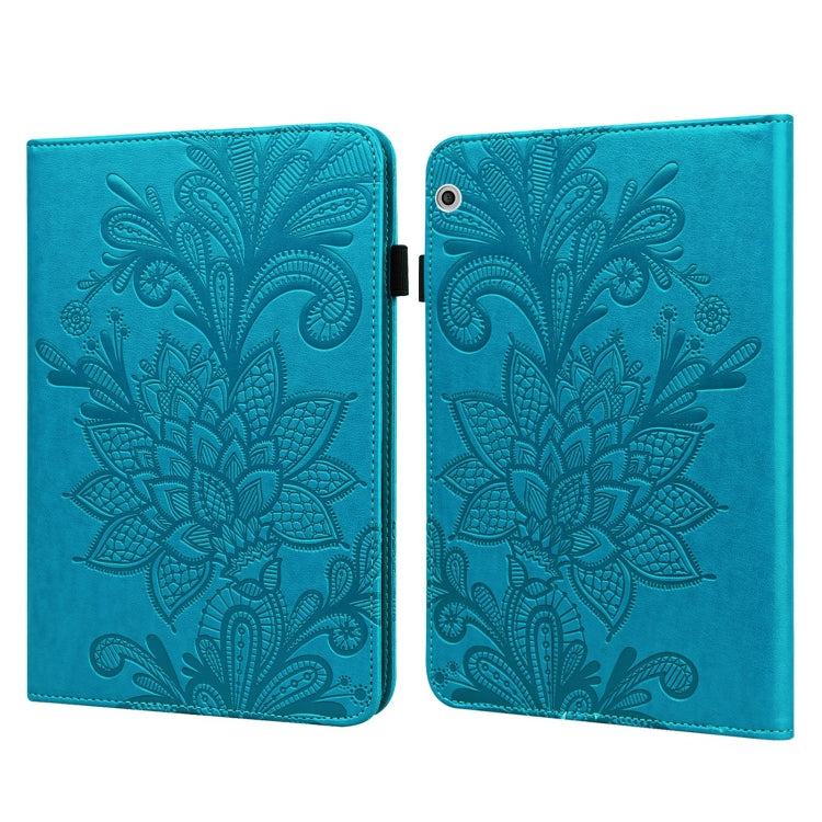 Blue embossed leather case with lace flower motif, open flip panels and rear camera cutout
