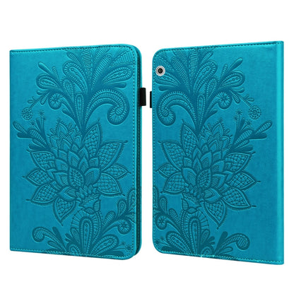 Blue embossed leather case with lace flower motif, open flip panels and rear camera cutout