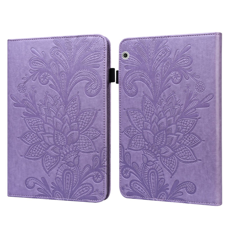 Purple leather tablet case with embossed floral pattern, flip cover, and camera cutout