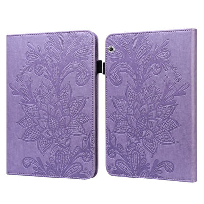 Purple leather tablet case with embossed floral pattern, flip cover, and camera cutout
