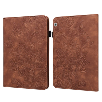 Brown leather-style tablet folio case with embossed floral pattern and flip cover